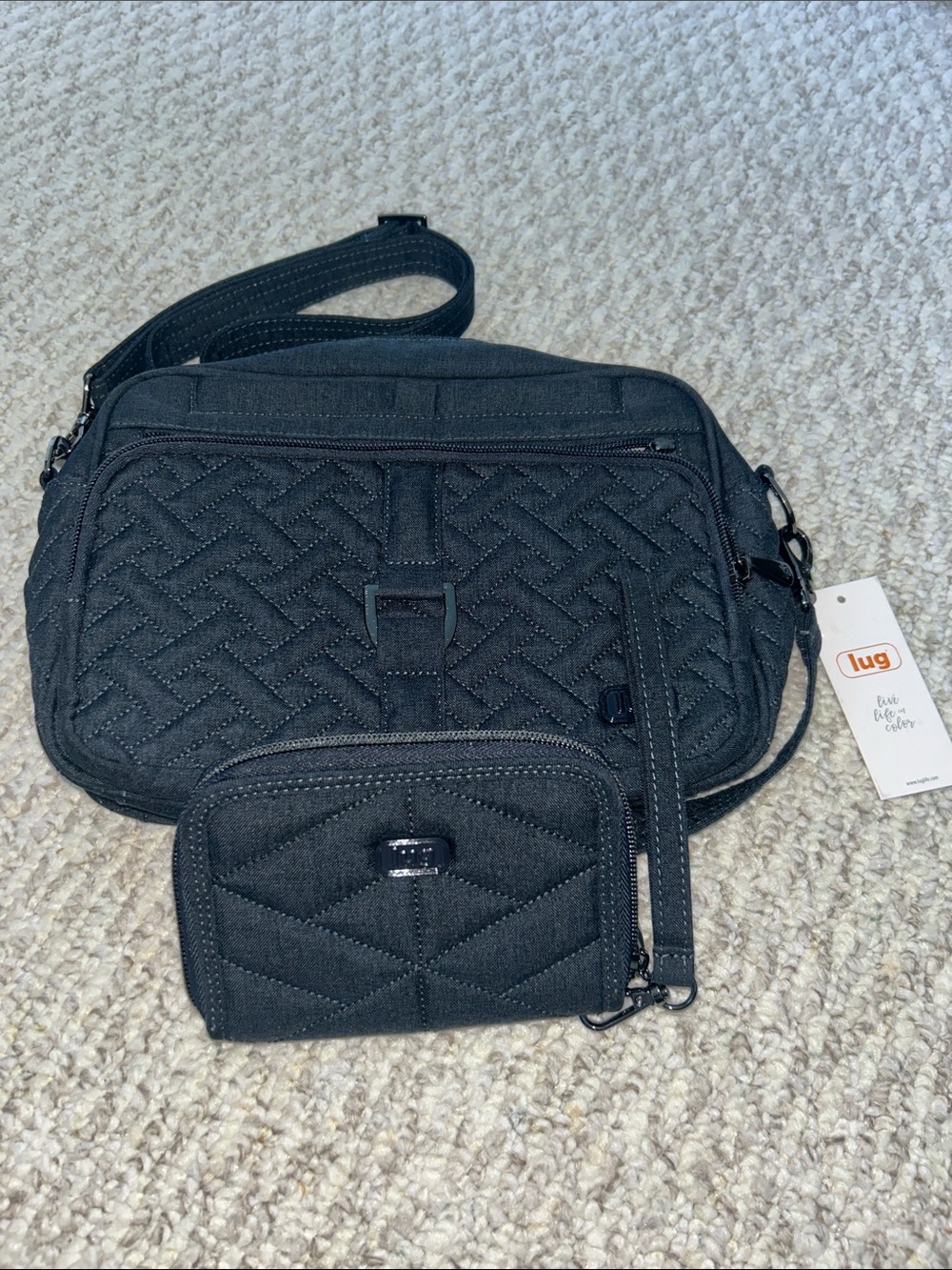 Bundle: Lug Carousel XL Crossbody & Lug Rodeo Wristlet Wallet: Quilted Gray/Navy